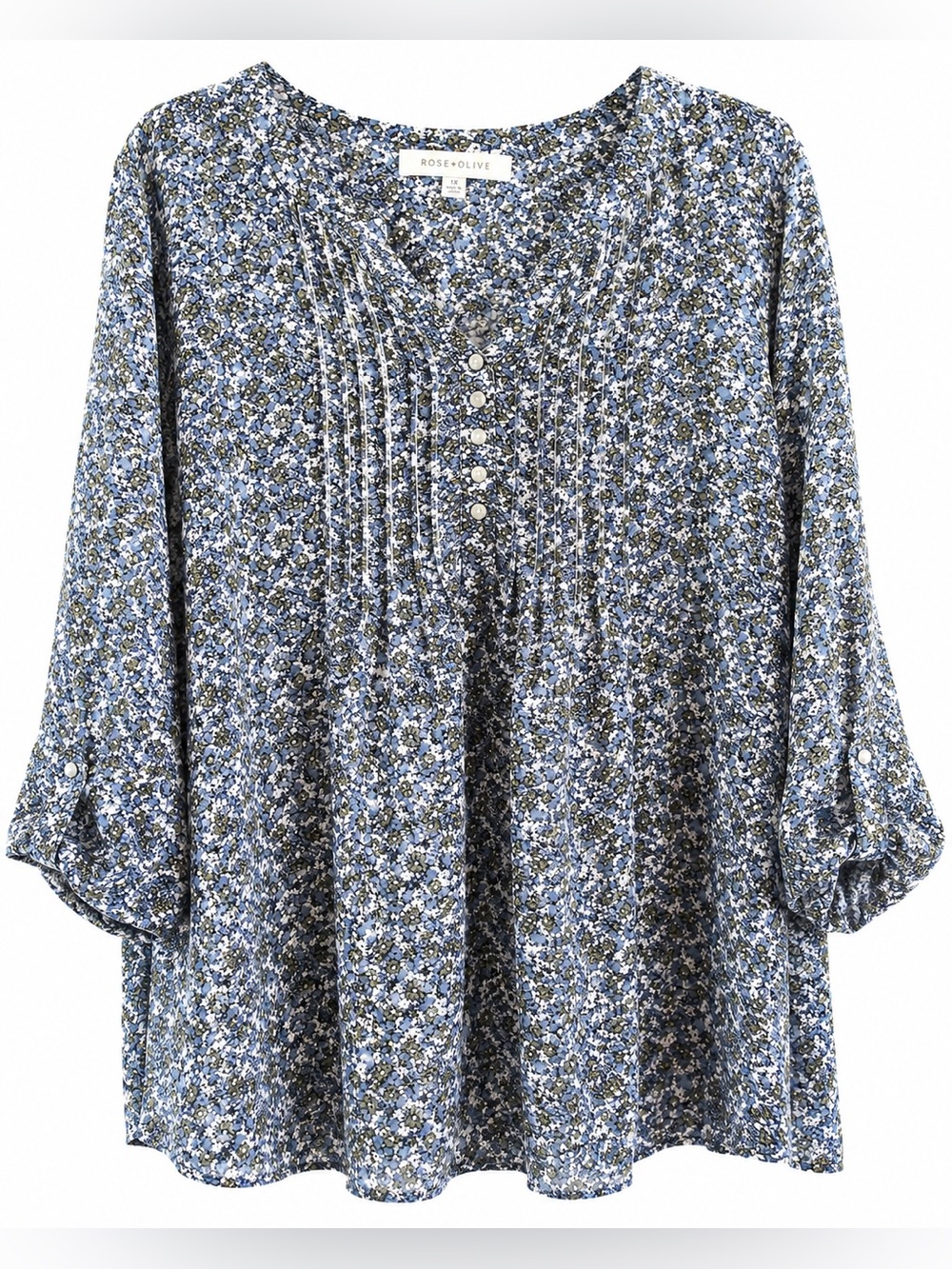 Rose & Olive Navy Floral Pintuck Button-Front Blouse